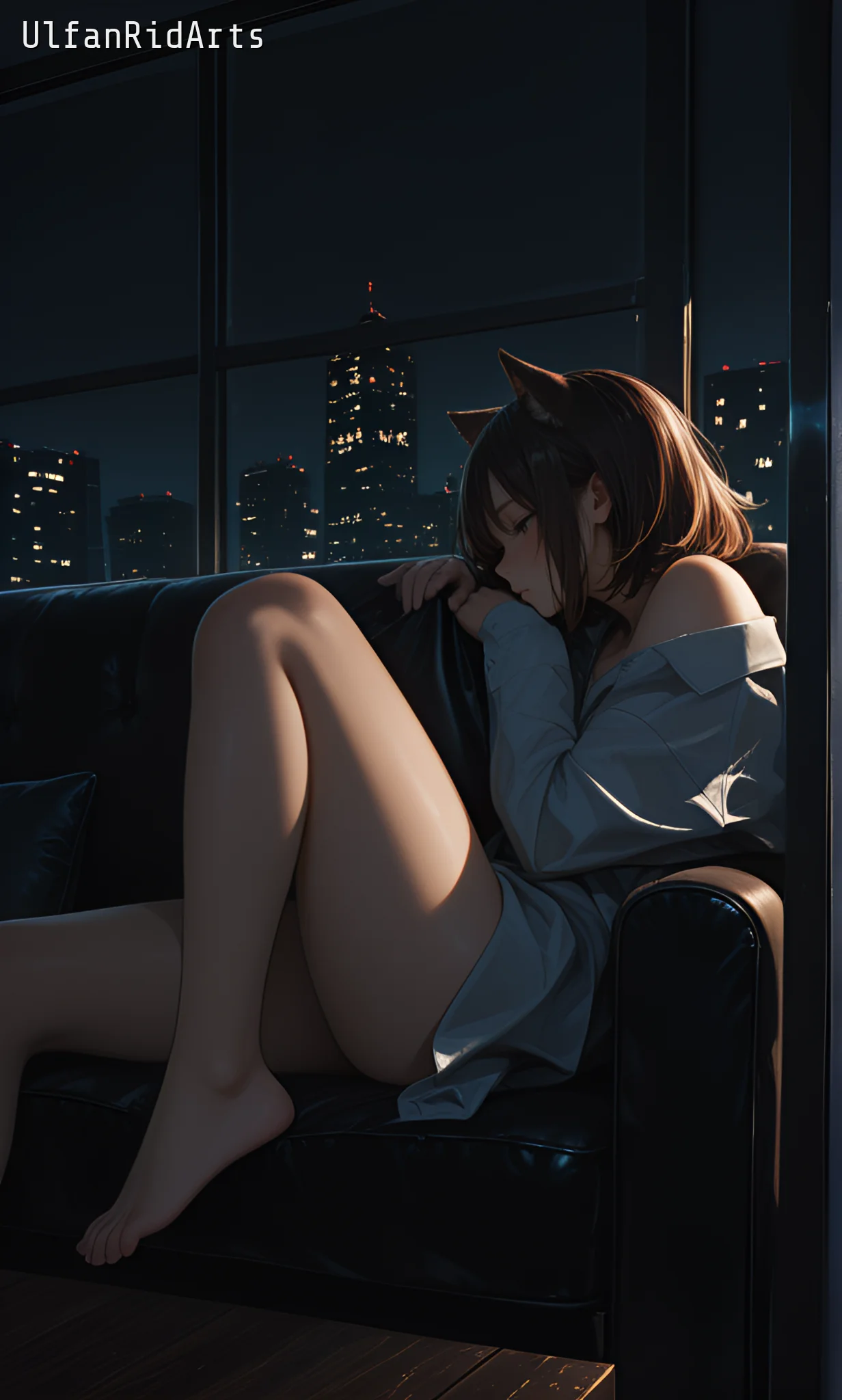 Cat girl in the evening living room — Anime style, Dark colors, Cat girl — изображение 1