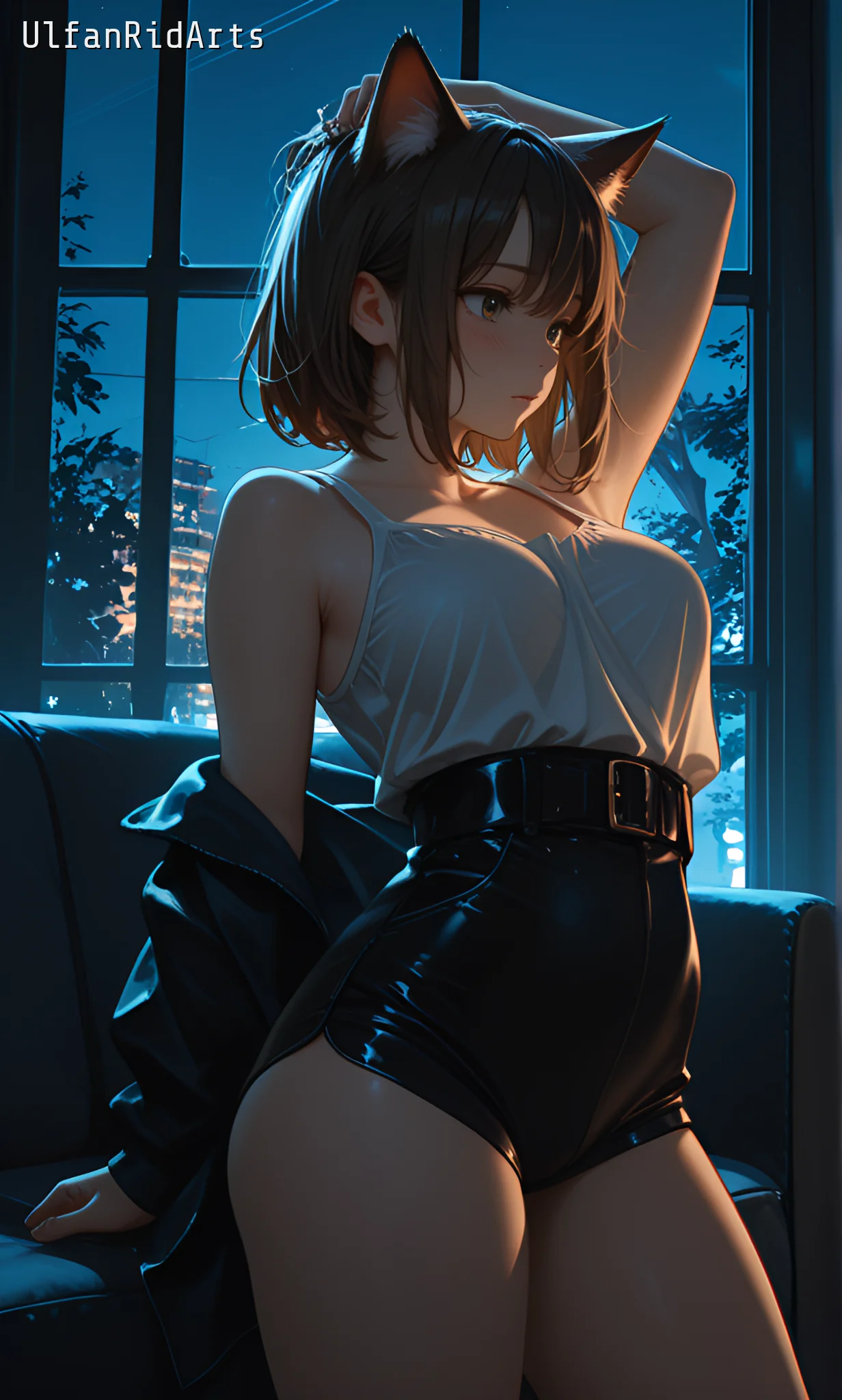 Cat girl in the evening living room — Anime style, Dark colors, Cat girl — изображение 3