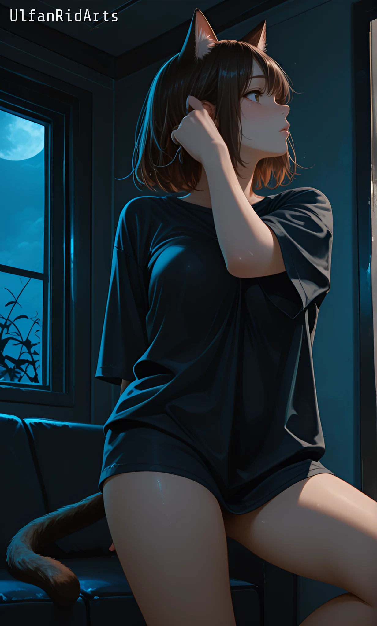 Cat girl in the evening living room — Anime style, Dark colors, Cat girl — изображение 4