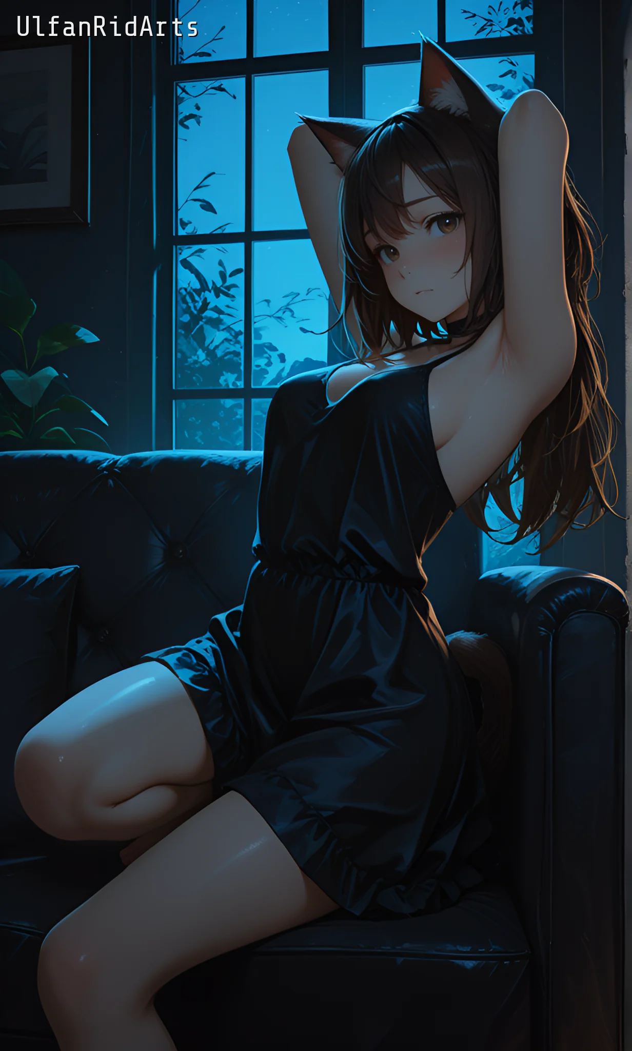Cat girl in the evening living room — Anime style, Dark colors, Cat girl — изображение 5