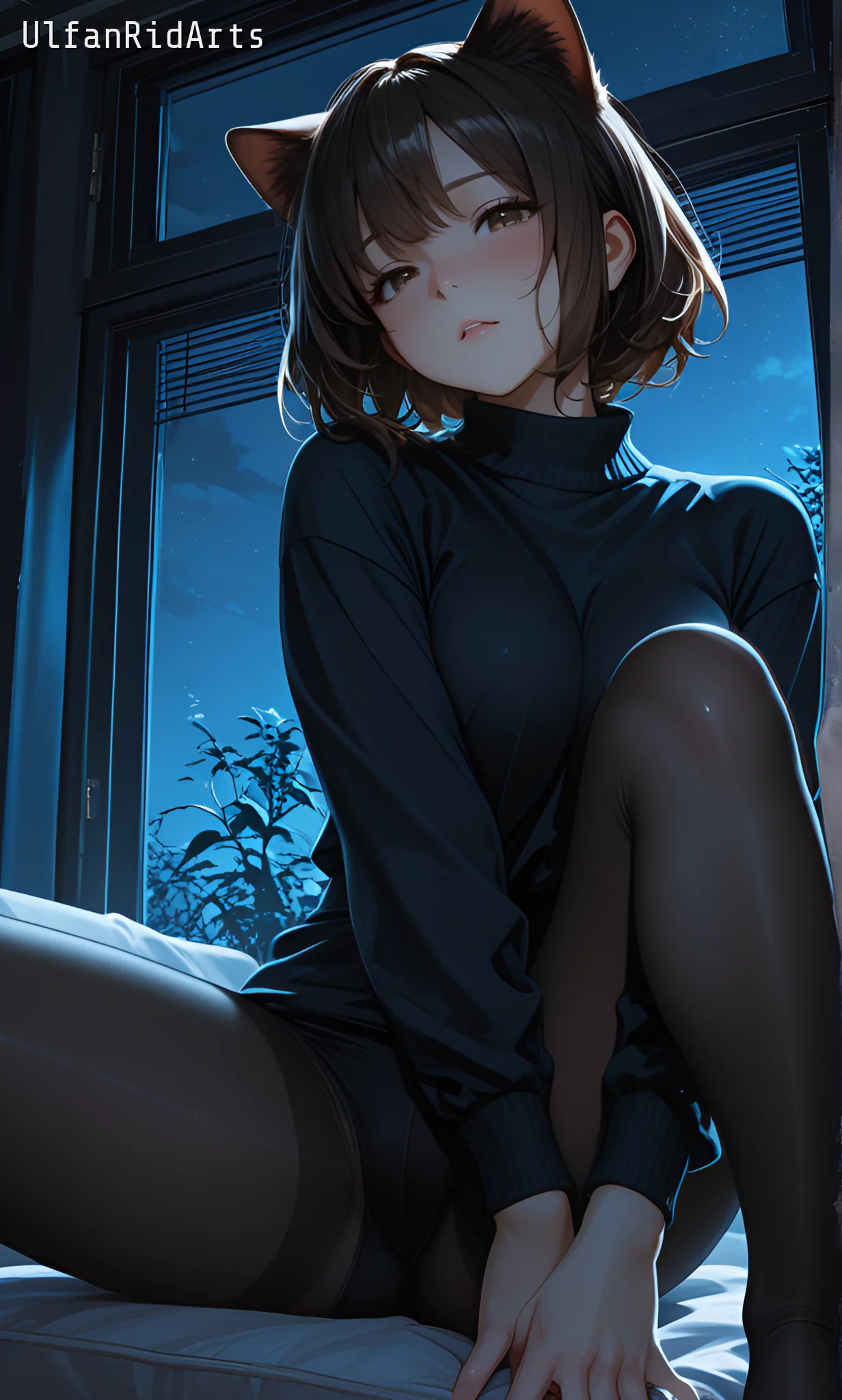 Cat girl in the evening living room — Anime style, Dark colors, Cat girl — изображение 6