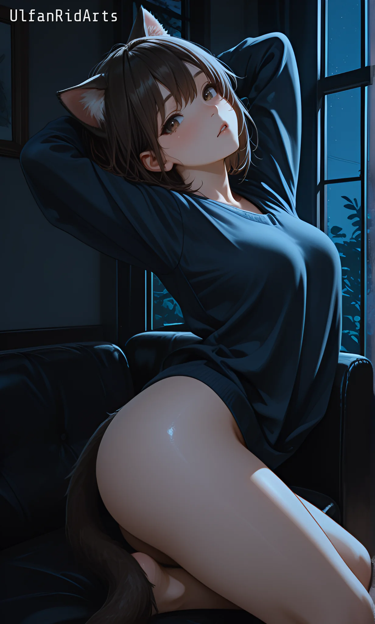 Cat girl in the evening living room — Anime style, Dark colors, Cat girl — изображение 7