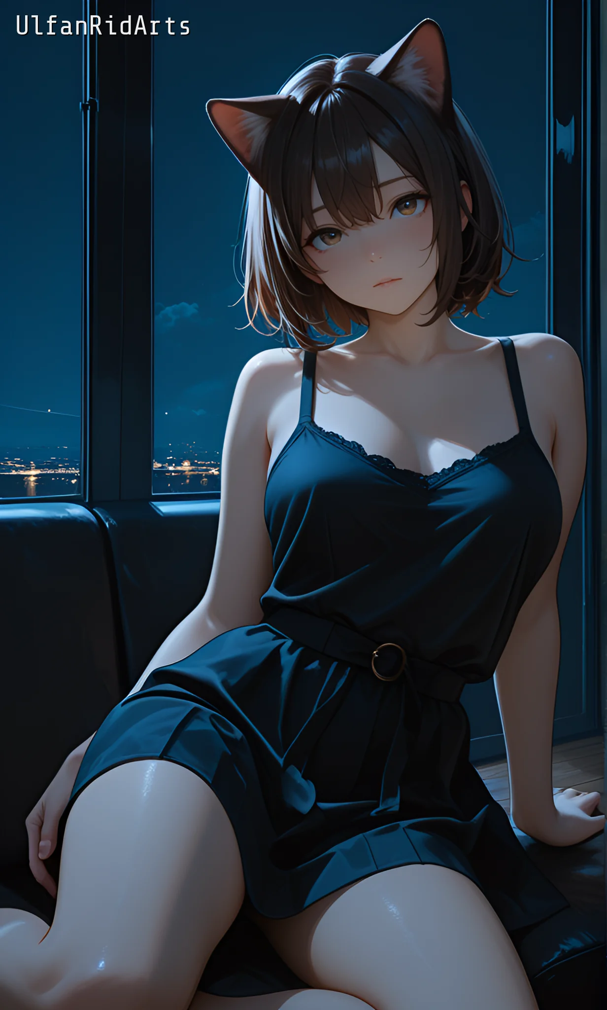 Cat girl in the evening living room — Anime style, Dark colors, Cat girl — изображение 8