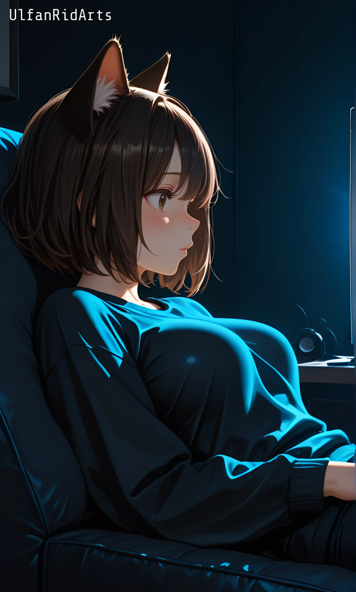 Cat girl in the evening living room — Anime style, Dark colors, Cat girl — изображение 9